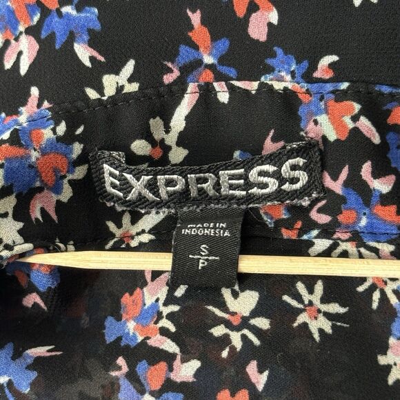 Express Shirt Womens Small Black Blue Floral Portofino Versatile Office Casual - Picture 6 of 7